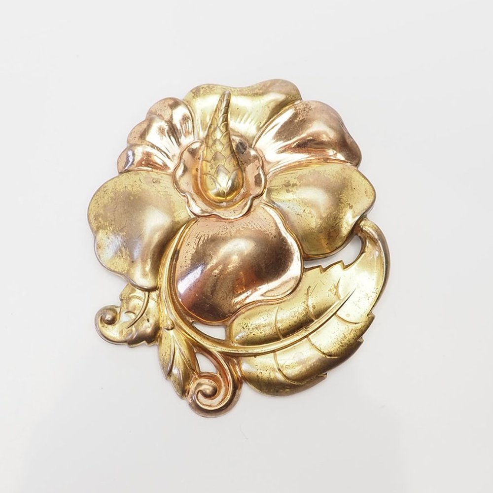 Vintage gilt sterling silver large flower hibiscus pin